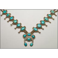 Navajo sterling silver "squash blossom" necklace, formed of a double strand of globular beads w...