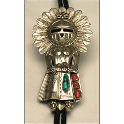 Navajo sterling silver and leather bolo tie, realistically formed as a kachina with applied and...