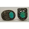 Image 1 : 2 Navajo silver belt buckles, each set with an oval turquoise slab on an oxidized field decorat...