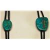 Image 1 : 2 Navajo silver, stone and leather bolo ties, each simply formed as stabilized turquoise slabs...