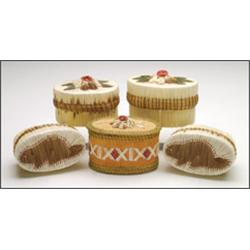 A group of five Woodland circular lidded birch bark boxes, each decorated with colourful quillwor...