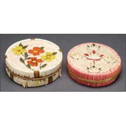 Two Woodland circular lidded birch bark boxes, each decorated with colourful quillwork and a band...