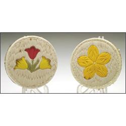 Two Woodland circular lidded birch bark boxes, each decorated with colourful quillwork and a band...