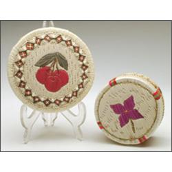 Two Woodland circular lidded birch bark boxes, each decorated with colourful quillwork and a band...