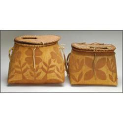 Two Woodland birchbark lidded fish containers with floral decoration,, 12" - 30.5 cm., See il...