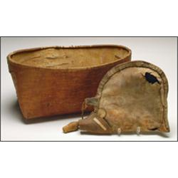 A Woodland birchbark container, together with a Pueblo Indian hide canteen, 15" - 38.1 cm., See...