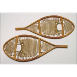 Two pairs of Cree miniature snowshoes, the wood frames woven with cotton thread and thong, 12" -...