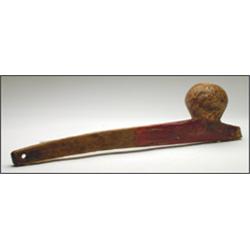 A Great Lakes wood ball head club with a tapering shaft, bears traces of red paint, shaft cracked...