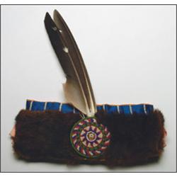 A Six-Nations fur and cloth head band, decorated with beaded medallions, feathers and ribbon, 11"...