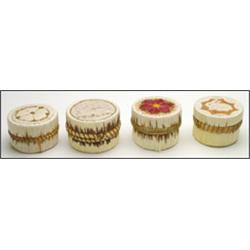 A group of four Woodland circular lidded birch bark boxes, each decorated with colourful quillwor...