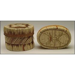 Two Woodland circular lidded birch bark containers, both decorated with floral quill work, 5" - 1...