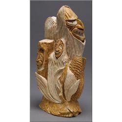 LEROY HILL,, An Iroquois stone carving of False Face masks, a turtle and a buffalo mask, signed...