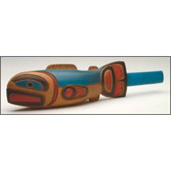 RUTH BAKER, A Northwest Coast carved and painted wood ceremonial Salmon rattle, signed, 11.5" -...
