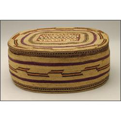 A Northwest Coast Tlingit polychrome twined spruce root lidded container, 10" - 25.4 cm., See i...