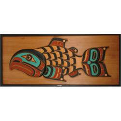 JOHN LIVINGSTON (1951-), Vancouver:, SALMON, carved and painted red and white cedar plaque, 40"...