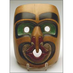 JOHN GENN, Sooke, BC:, A Northwest Coast carved and painted wood owl mask, (repaired), signed a...