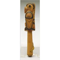 GREG JOSEPH, A Northwest Coast carved and painted wood ceremonial Eagle rattle, signed, 7" - 17...