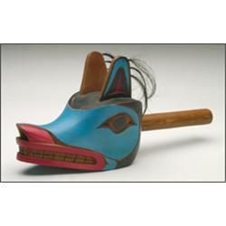 PETER CARROLL, A Northwest Coast carved and painted wood ceremonial Wolf rattle, with hair atta...