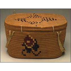 A Northwest Coast Salish woven cedar rectangular lidded container, with woven decoration and leat...