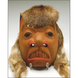 STAN GREENE (1953-),, A Northwest Coast Salish carved and painted wood Wolf mask, with fur and...