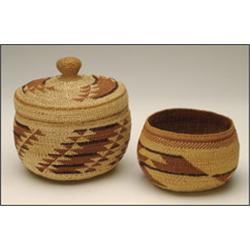 A Southwestern polychrome twined root lidded container, together with a similar basket, 6" - 15.2...