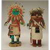 Image 1 : TWO HOPI POLYCHROME WOOD KACHINA DOLLS, one helmeted figure clutching a carved rattle in the righ...