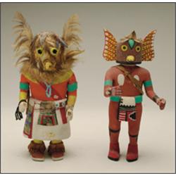 TWO HOPI POLYCHROME WOOD KACHINA DOLLS,, one owl figure with applied pointed beak and decorated...