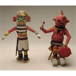 TWO HOPI POLYCHROME WOOD KACHINA DOLL, one with a helmetted head and with applied ring mouth an...