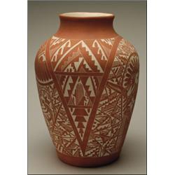 ERGIL VALLO, ACOMA N.M.:, DALAWEPI, A ceramic pot decorated with carved Kachina motif, 17" - 43...