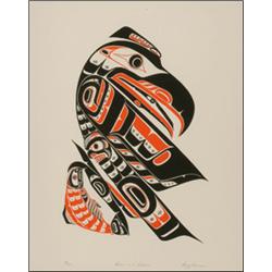 ROY JAMES HANUSE (1943-), RAVEN AND SALMON, framed serigraph, 35/225, 23.5" x 18.5" - 59.7 x 47...