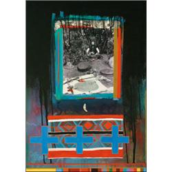 JANE ASH POITRAS(1951-), TOOLS OF THE SACRED, unframed mixed media on canvas with ivory tooth,...