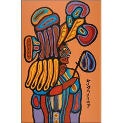 NORVAL H. MORRISSEAU, R.C.A. (1932-), MOON RIVER SHAMAN, framed acrylic on canvas, signed lower...