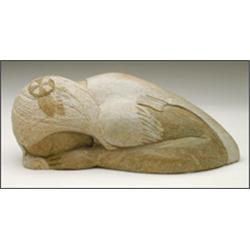 JOSEPH JACOBS (1934-), SLEEPING WOMAN, brown steatite sculpture of a sleeping woman, 12" - 30.5...