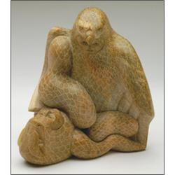 JOSEPH JACOBS (1934-), OFFERING TO THE CREATOR, brown steatite sculpture depicting the story of...