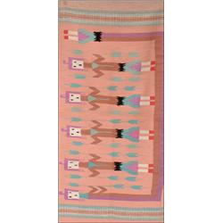 YEI RUG, 3rd Quarter 20th Century, brightly woven figures on a salmon field, See illustration...