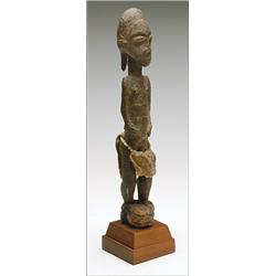 Baule Figure of a Man, the ovoid face with crescentic hair and braided rear lock, the hands hel...