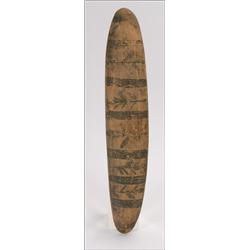Aboriginal Wood Parrying Shield, of long spatulate form with self grip, worked with incised eve...
