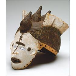 Ibo Mmwo Society Mask, the chalk white face, with blue highlighted eyes, dark brown painted eye...