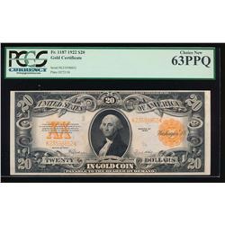 1922 $20 Gold Certificate PCGS 63PPQ