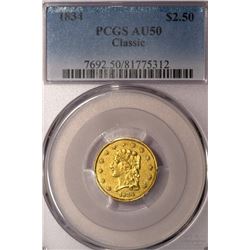 1834 $2 1/2 Classic Head Quarter Eagle Gold Coin PCGS AU50