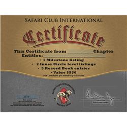 Safari Club International  Record Book Certificate