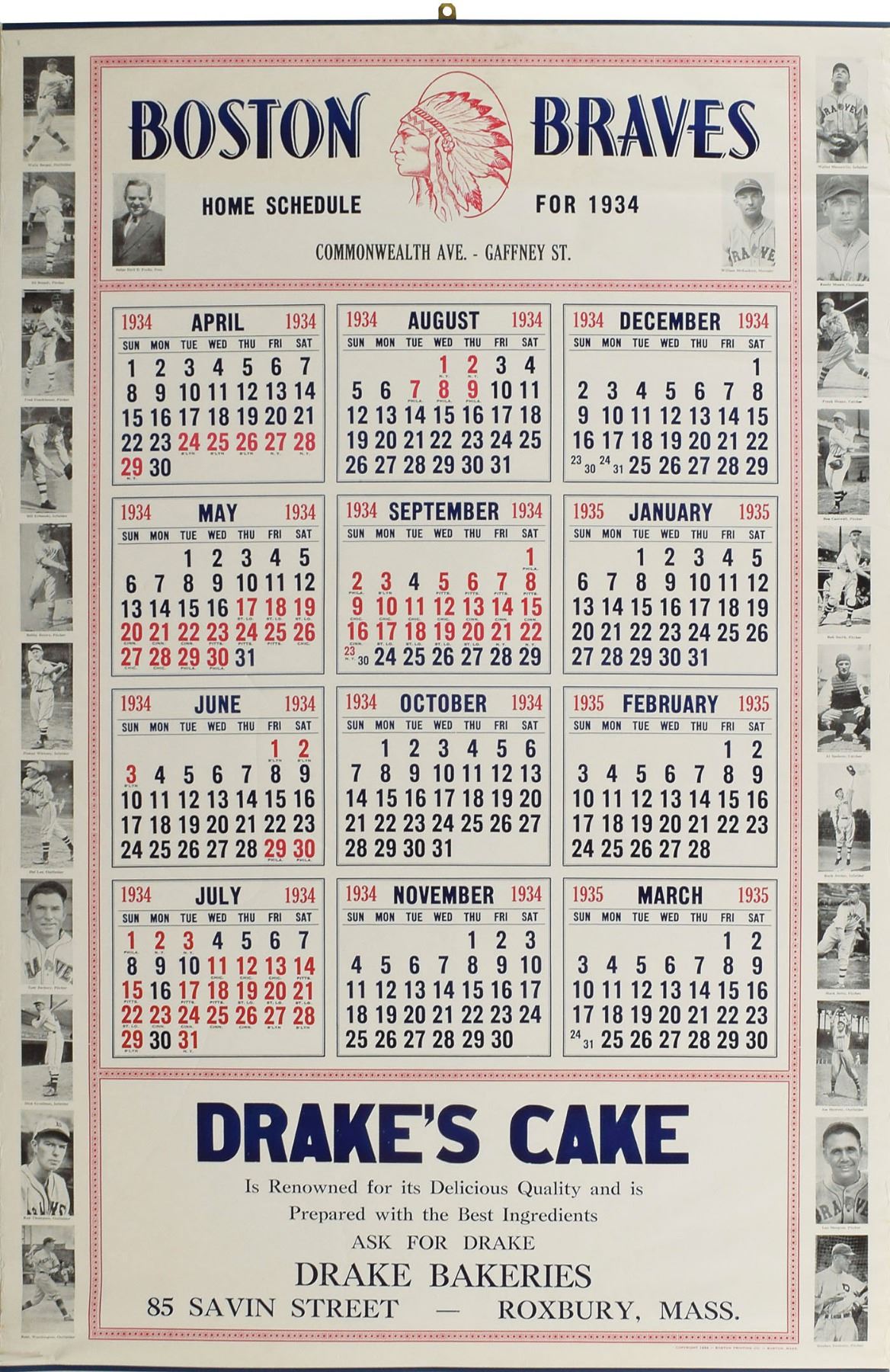1934 Boston Braves Schedule Poster 1934 Boston Braves Schedule Poster
