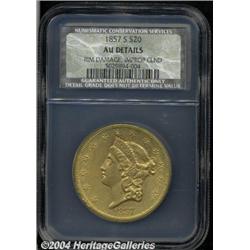 1857-S[$20] AU50 Details, Rim Damage, Improperly Cleaned, NCS.