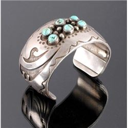 Signed Navajo Sterling Silver Turquoise Cuff