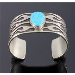 Signed Navajo Sterling Silver Turquoise Cuff