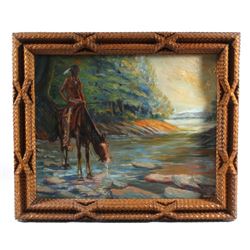 H Huber Oil Painting & Exceptional Tramp Art Frame