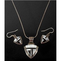 Signed Navajo Silver, MOP, Onyx Necklace+Earrings