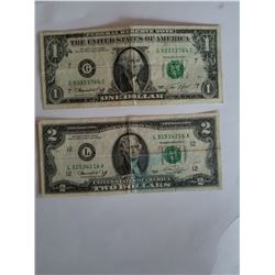 1974 USA $1.00 Bill+1976 USA $2.00 Bill