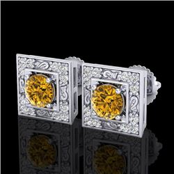 1.63 CTW Intense Fancy Yellow Diamond Art Deco Stud Earrings 18K White Gold - REF-176A4X - 38162