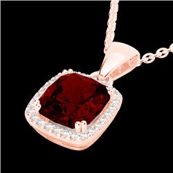 3 CTW Garnet & Micro VS/SI Diamond Pave Halo Solitaire Necklace 14K Rose Gold - REF-38K9W - 22824